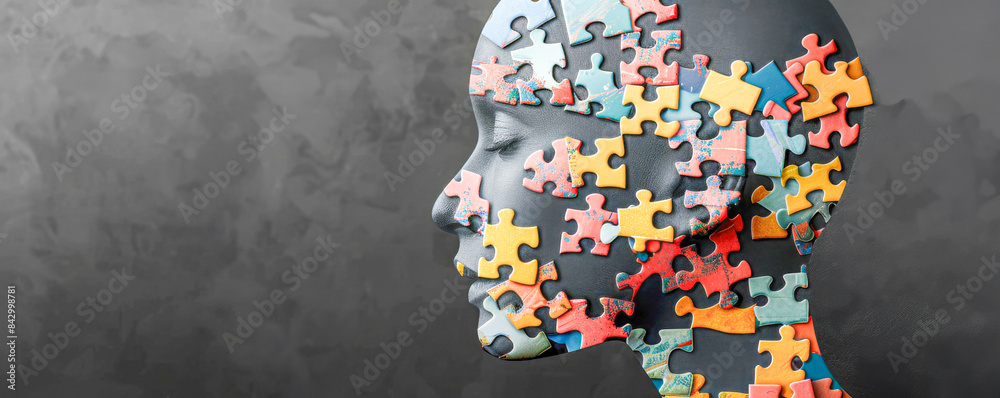Engaging composition. human likeness portrayed through vivid puzzle pieces textured dark background.