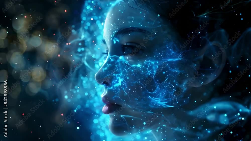 close up of girl's face with glowing blue digital patterns and ethereal light particles, copy space close up of girl's face with glowing blue digital patterns and ethereal light particles, copy space