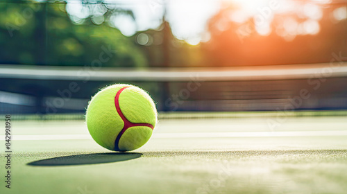 Tennis ball on lush green grass court with tennis net backdrop, outdoor championship. photo