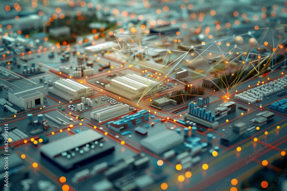 Supply chain management visualized with a connected network of factories, warehouses, and transportation routes Supply chain management visualized with a connected network of factories, warehouses, and transportation routes