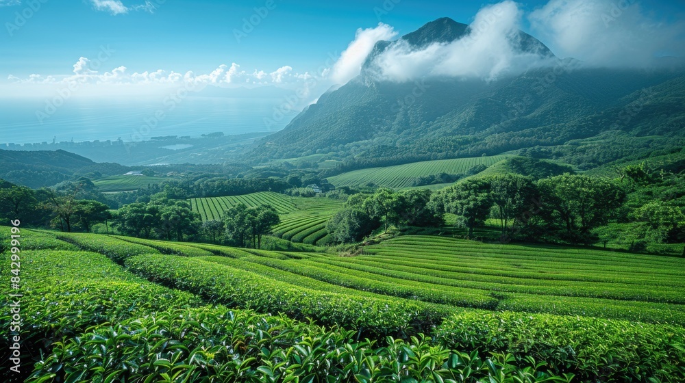 Background image of vast tea plantation with lush green fields under a cloudy sky. Tea field concept. Landscape photography. Agricultural and eco-tourism concept. Design for travel brochure. AIGT2.