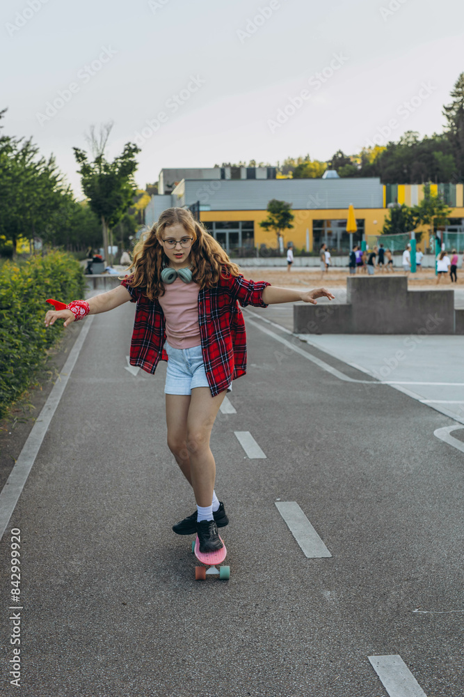 Teen girl skater with a skateboard is sitting and resting in the skaters park Teen girl skater with a skateboard is sitting and resting in the skaters park