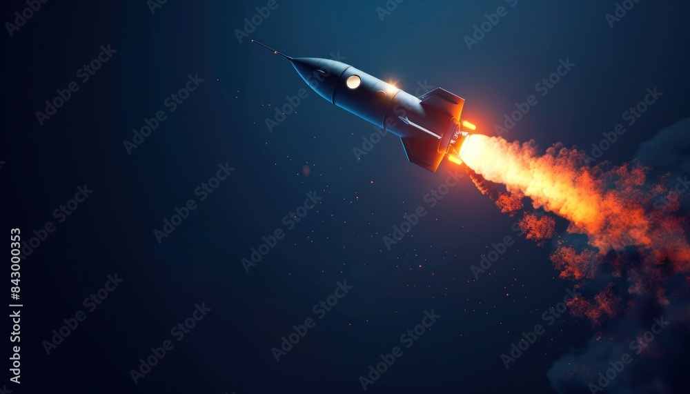 Fototapeta premium rocket flies towards outer space with a trail of fire and smoke