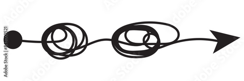 Complex and easy simple way from start to end, path from point A to B with black thread. Chaos mind brain, problem solving and business solution searching challenge concept. Hand drawn vector doodle
