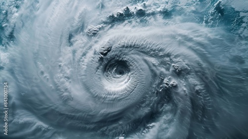 A birds eye view of a hurricanes eye looking like a massive vortex in the middle of the storm.