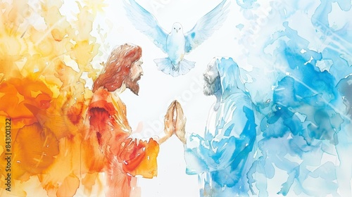 A watercolor painting of a biblical scene with Jesus, another figure, and a dove