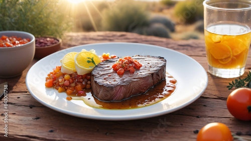 Alice Springs Sunrise Soiree: Celebrate the Dawn in Alice Springs with a Breakfast of Kangaroo Steak, Bush Tomato Relish, and Lemon Myrtle Infused Water, Generative AI