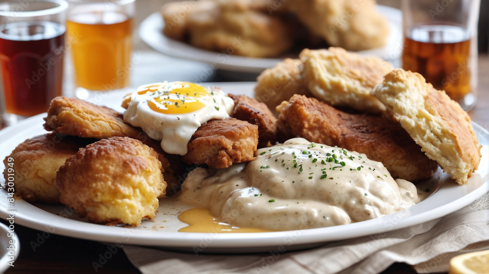 Southern Comfort Breakfast Feast: Indulge in Southern Hospitality with Grits, Biscuits and Gravy, Fried Chicken, and Sweet Tea, Generative AI