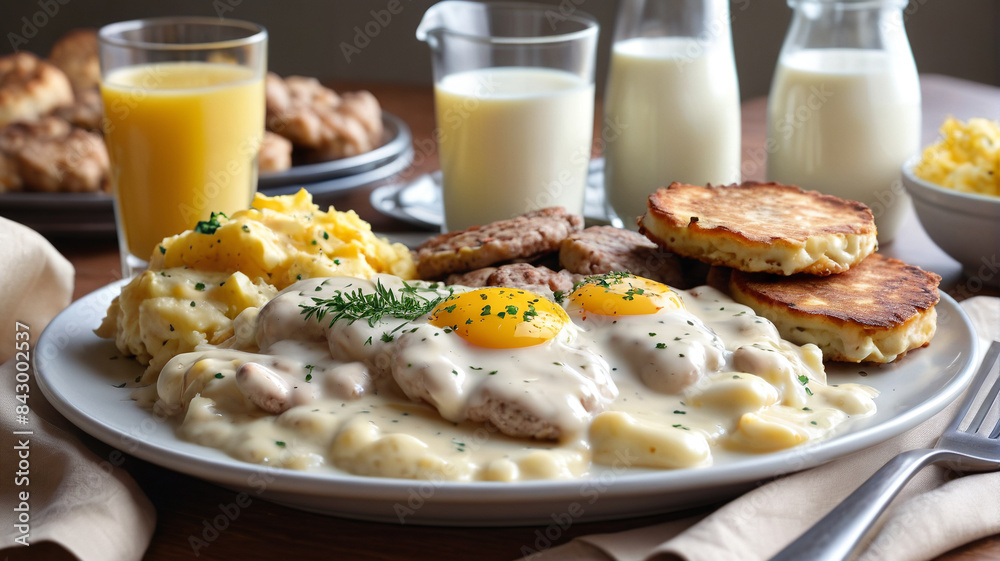 Midwestern Breakfast Comfort: Experience Midwestern Comfort with Sausage Gravy and Biscuits, Hash Browns, Scrambled Eggs, and a Tall Glass of Milk, Generative AI Midwestern Breakfast Comfort: Experience Midwestern Comfort with Sausage Gravy and Biscuits, Hash Browns, Scrambled Eggs, and a Tall Glass of Milk, Generative AI