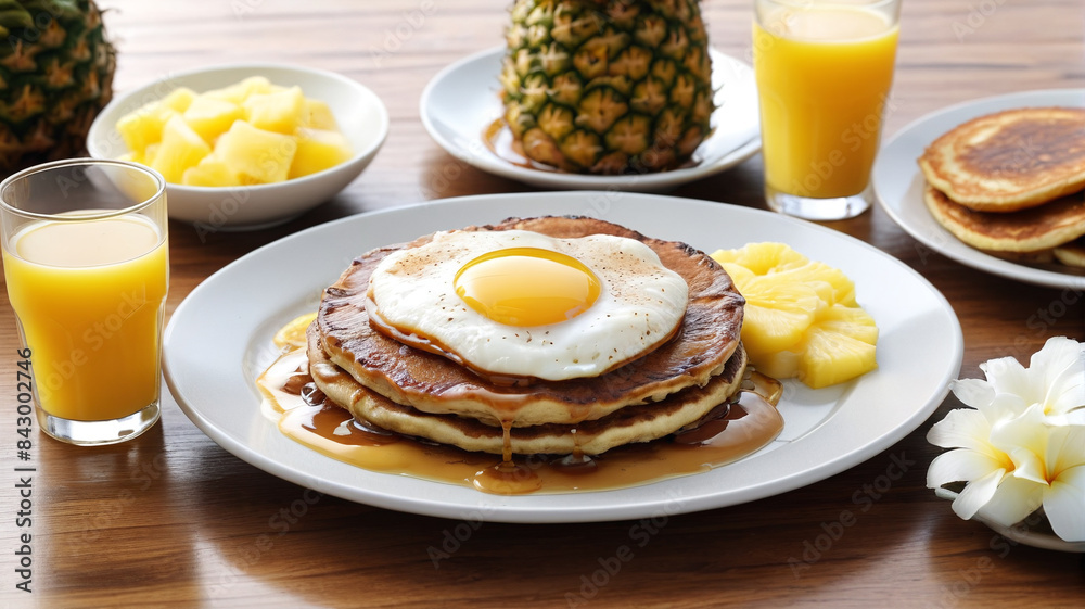 Hawaii with a Breakfast Spread of Loco Moco, Pineapple Pancakes, Coconut Syrup, and Freshly Squeezed Pineapple Juice, Generative AI Hawaii with a Breakfast Spread of Loco Moco, Pineapple Pancakes, Coconut Syrup, and Freshly Squeezed Pineapple Juice, Generative AI