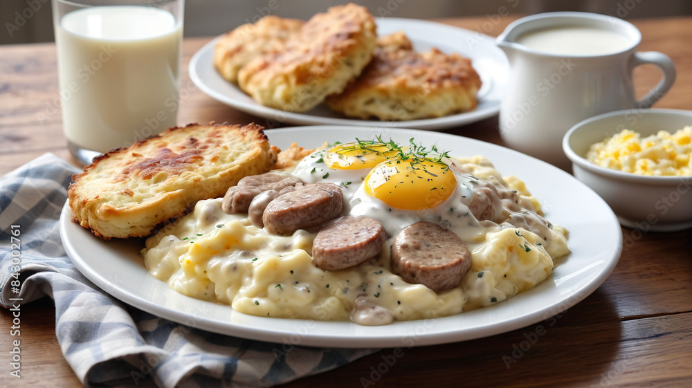 Midwestern Breakfast Comfort: Experience Midwestern Comfort with Sausage Gravy and Biscuits, Hash Browns, Scrambled Eggs, and a Tall Glass of Milk, Generative AI Midwestern Breakfast Comfort: Experience Midwestern Comfort with Sausage Gravy and Biscuits, Hash Browns, Scrambled Eggs, and a Tall Glass of Milk, Generative AI