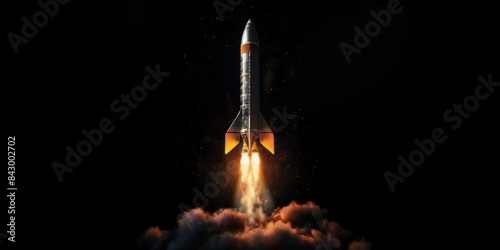 Fototapeta Naklejka Na Ścianę i Meble -  rocket flies towards outer space with a trail of fire and smoke on black background
