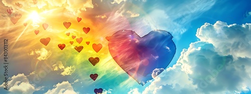 A vibrant rainbow heart in the sky with clouds and floating hearts, blue sky background, and sun rays breaking through the clouds
