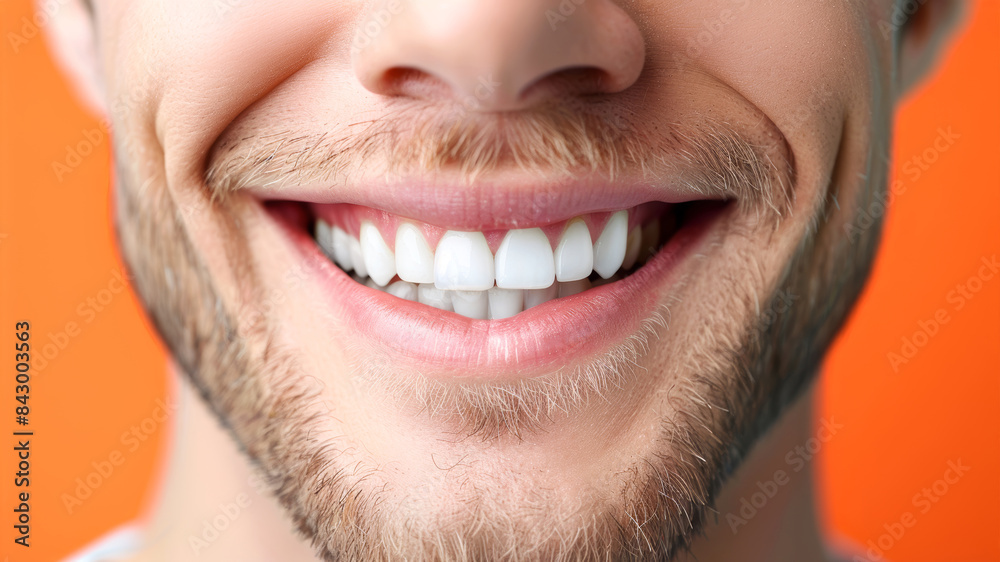Fototapeta premium Close up white masculine teeth, healthy man smile mouth. Dental clinic patient, teeth whitening illustration, healthy gums banner, stomatology ad concept, space for your text.
