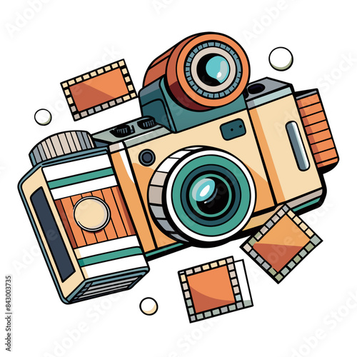 vintage camera with detailed lens and buttons, surrounded by film strips and photos, in a retro style