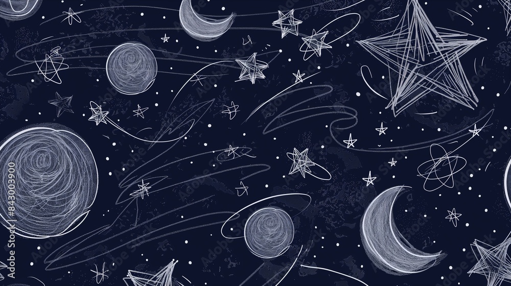 A background of whimsical line art creating the impression of a starry night sky, with scribbled stars and moons on a dark navy canvas. A background of whimsical line art creating the impression of a starry night sky, with scribbled stars and moons on a dark navy canvas.