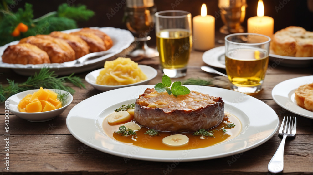 Cuisine with Marinated Roast, Potato Pancakes, Apple Strudel, and a Glass of Riesling Wine, Generative AI Cuisine with Marinated Roast, Potato Pancakes, Apple Strudel, and a Glass of Riesling Wine, Generative AI