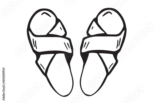 Pair of sleepers, flip-flops shoes vector outline illustration. Doodle drawing sketch, isolated on a white background. for poster, banner, card design. Shoes shop, female shoes fashion 