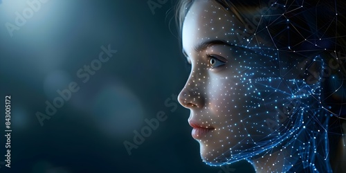 AI Technology Concept with Female Face in Dark Blue 3D Background. Concept AI Technology, Female Face, Dark Blue Background, 3D Design photo