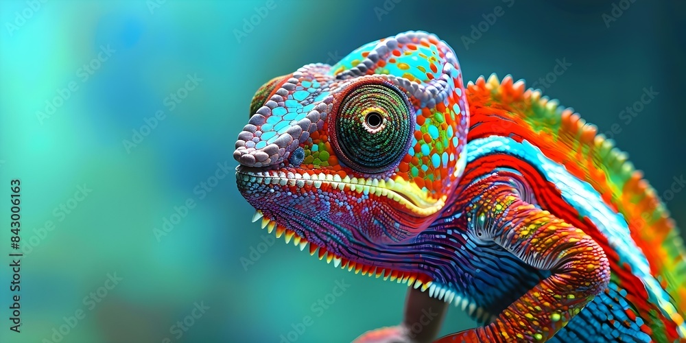 Colorful chameleon against turquoise background making direct eye contact with camera. Concept Wildlife Photography, Chameleon Portraits, Vibrant Colors, Eye Contact Shots, Reptile Close-Ups