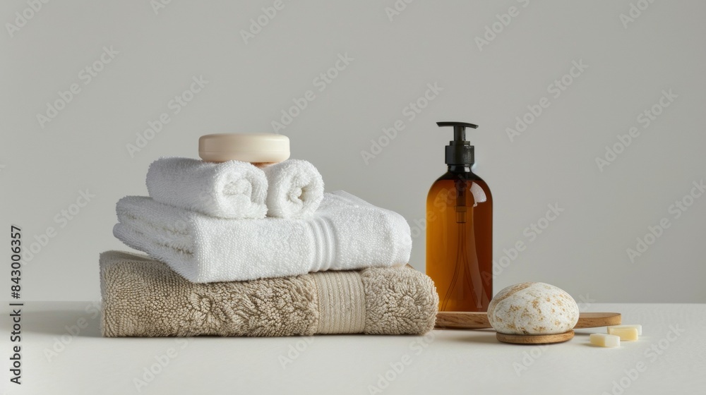 Neatly arranged spa essentials including amber bottles, white towels, and a wooden brush on a wooden tray in a minimalist bathroom setting. Neatly arranged spa essentials including amber bottles, white towels, and a wooden brush on a wooden tray in a minimalist bathroom setting.