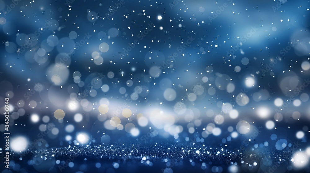 Fototapeta premium A bokeh effect simulating a starry night with white and blue orbs scattered over a dark blue sky, ideal for cosmic or space-themed projects.