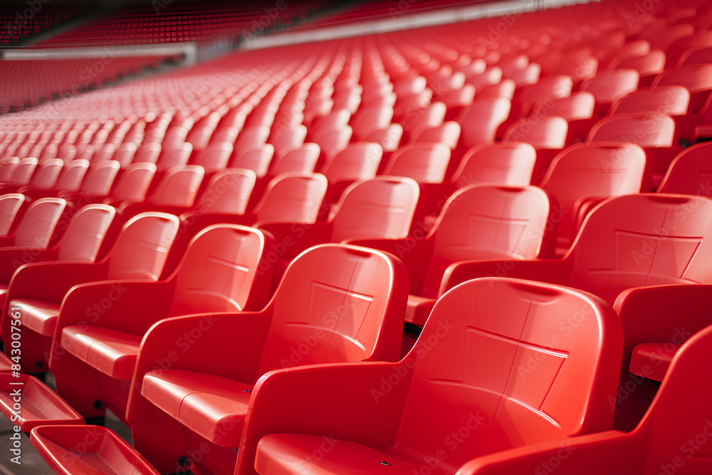 Fototapeta premium Football stadium with empty seats. Outstanding empty red plastic chair at soccer arena. Row of unoccupied bench at sports stadium