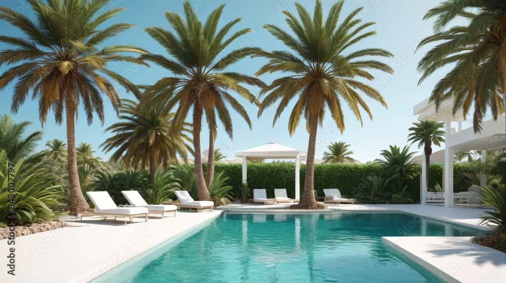 Palm Paradise Banner: Experience Paradise with a Captivating Poolside View of a Palm Tree and White Structure, Perfect for Summer Escapes, Generative AI Palm Paradise Banner: Experience Paradise with a Captivating Poolside View of a Palm Tree and White Structure, Perfect for Summer Escapes, Generative AI