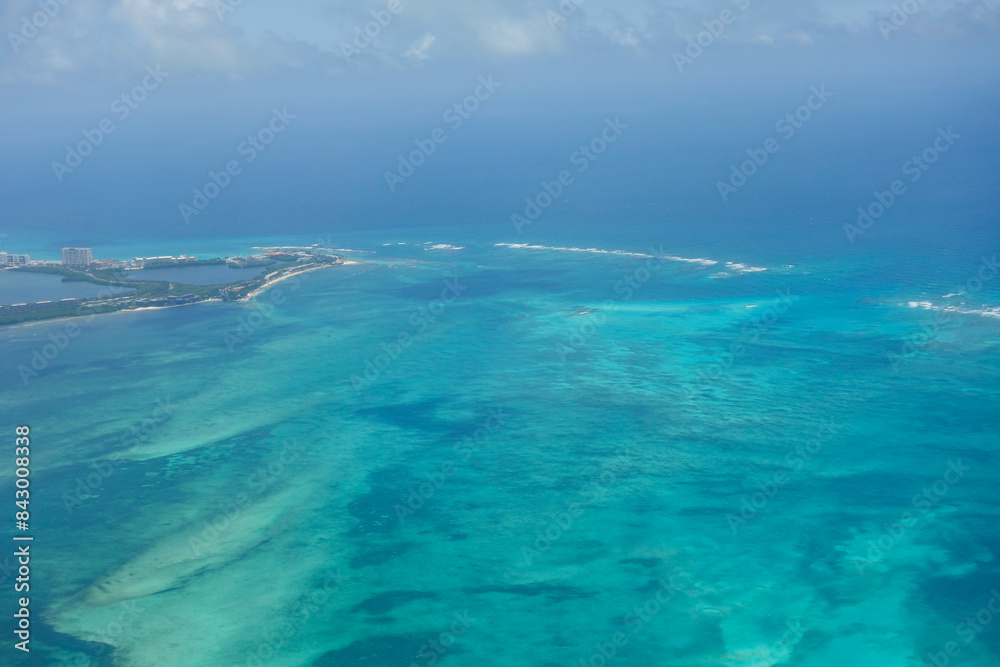 aerial panoramic of turquoise sea in Cancun, Mexico aerial panoramic of turquoise sea in Cancun, Mexico