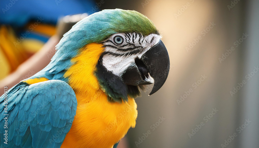 Large blue yellow macaw parrot or ara arauna close up portrait. Tropical bird, domestic home pet. Large blue yellow macaw parrot or ara arauna close up portrait. Tropical bird, domestic home pet.