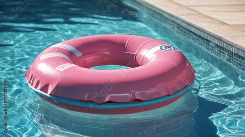 Poolside Protection Banner: Ensure Safety at the Pool with a Vibrant Pink Lifebuoy Floating in the Water, Emphasizing Water Safety at a Summer Resort, Generative AI