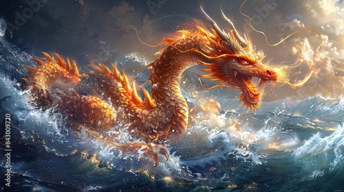 A majestic Chinese dragon, with fiery red and golden scales, roars as it emerges from the waves of an ocean under dark skies. The scene is illuminated by dramatic lighting that casts sharp shadows on photo
