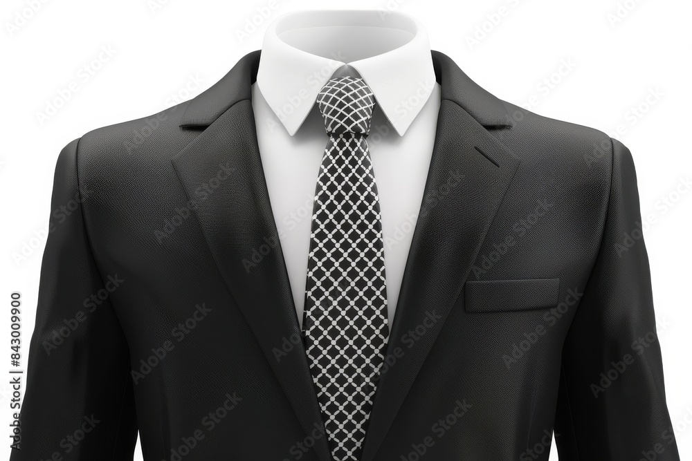 Close Up of a Black Suit With White Shirt and Geometric Pattern Tie Close Up of a Black Suit With White Shirt and Geometric Pattern Tie