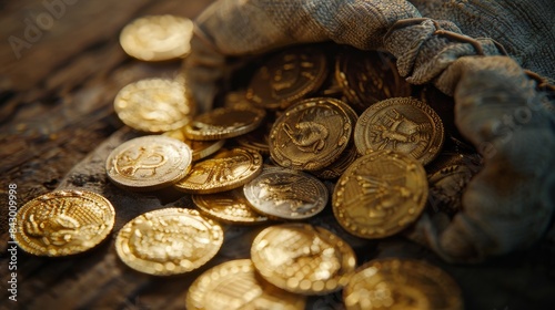 A bag of gold coins sits on a wooden table