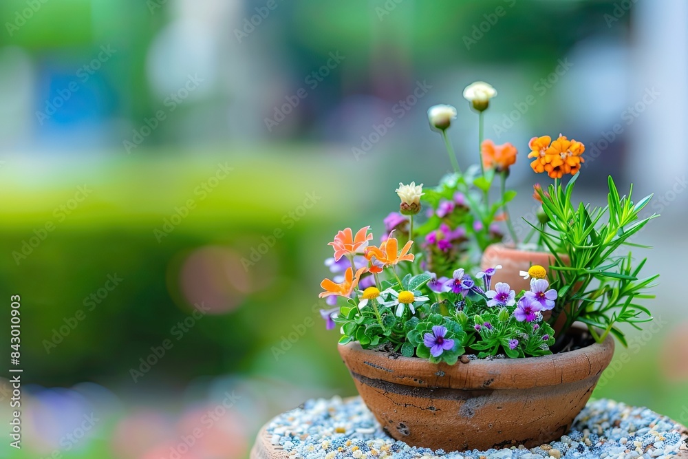 Cute miniature garden with detailed plants and bright colors on isolated background Cute miniature garden with detailed plants and bright colors on isolated background