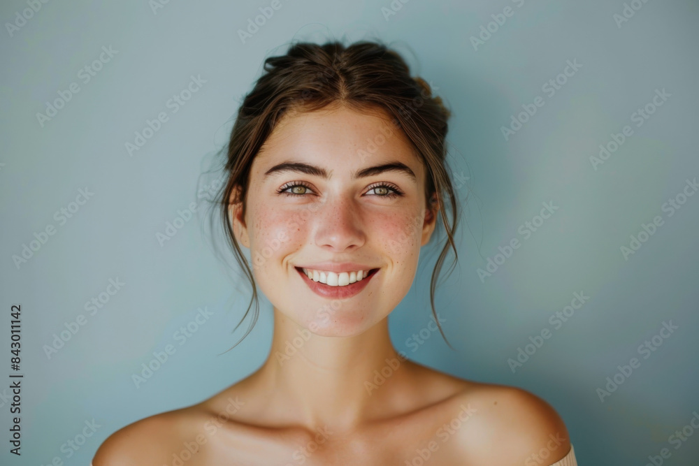 A close up portrait of a young woman with a subtle smile A close up portrait of a young woman with a subtle smile