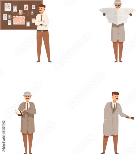 Collection of cartoon detectives with a variety of poses and investigative actions