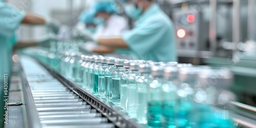 Wallpaper Mural Pharmaceutical factory workers oversee medical vials production on conveyor belt. Concept Pharmaceutical Manufacturing, Factory Workers, Medical Vials, Conveyor Belt, Production Line Torontodigital.ca