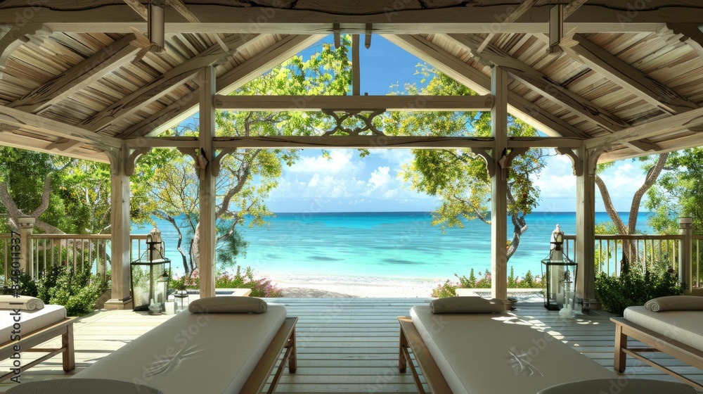 Relaxing beachfront spa with massage tables overlooking the ocean, framed by a rustic wooden cabana, surrounded by lush greenery. Relaxing beachfront spa with massage tables overlooking the ocean, framed by a rustic wooden cabana, surrounded by lush greenery.