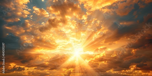Golden sky with sun rays shining through clouds A symbol of hope and faith. Concept Nature, Sky, Hope, Faith, Symbolism