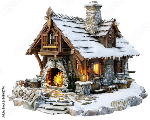 Classic house with fireplace and snow on transparent background