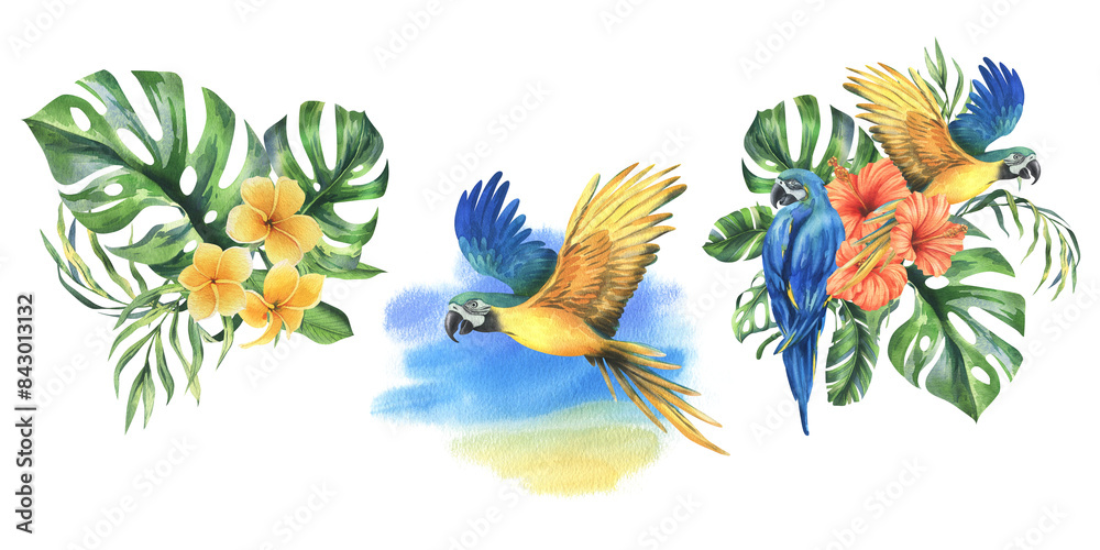 Fototapeta premium Tropical palm leaves, monstera and flowers of plumeria, hibiscus, bright juicy with blue-yellow macaw parrot. Hand drawn watercolor botanical illustration. Set of elements isolated from background