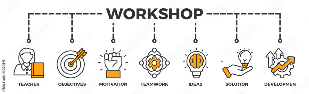 Workshop banner web icon vector illustration concept with icon of teacher, objectives, motivation, teamwork, ideas, solution, and development Workshop banner web icon vector illustration concept with icon of teacher, objectives, motivation, teamwork, ideas, solution, and development