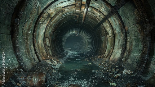 A dark tunnel with water running through it