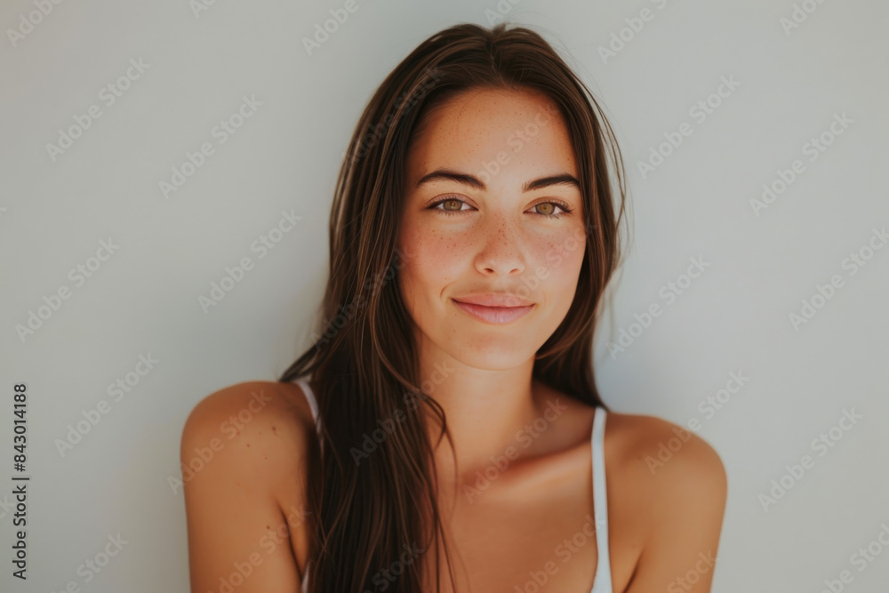 A close up portrait of a young woman with a subtle smile A close up portrait of a young woman with a subtle smile