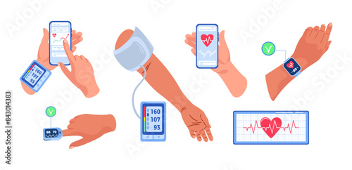 A set of devices for cardiovascular system. blood pressure monitor. Smartphone applications, Cardio journal, smartwatch. Pulse oximeter. Electrocardiogram. Sphygmomanometer. Medical equipment.