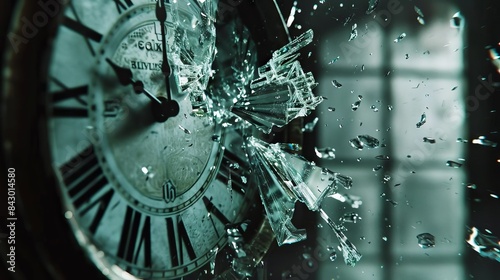 Shattered Clock Face With Roman Numerals and Broken Glass Shards