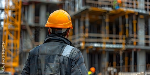 Construction worker wears helmet while building structures. Concept Construction Safety, Building Structures, Hard Hats, Worker Protection, Construction Site