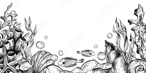 Underwater world clipart with sea animals whale, turtle, octopus, seahorse, starfish, shells, coral and algae. Graphic illustration hand drawn in black ink. Border, template, frame EPS vector.