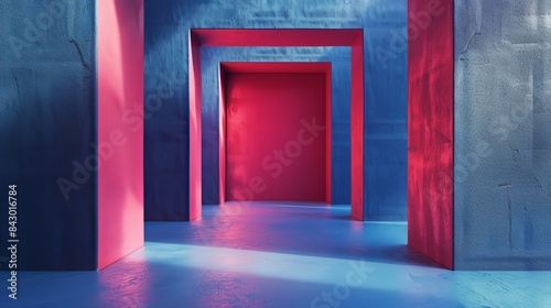 A blue and red hallway with a red door